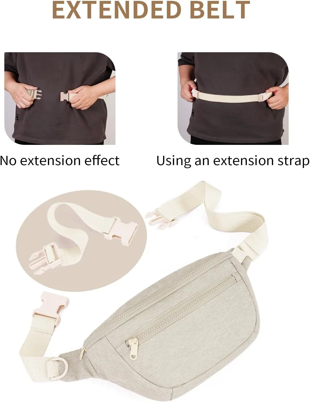 sportsnew Large Fanny Packs for Women, Waist Pack Fashion Crossbody Belt Bags for Walking Running Hiking Travel Bag Beige patent pending