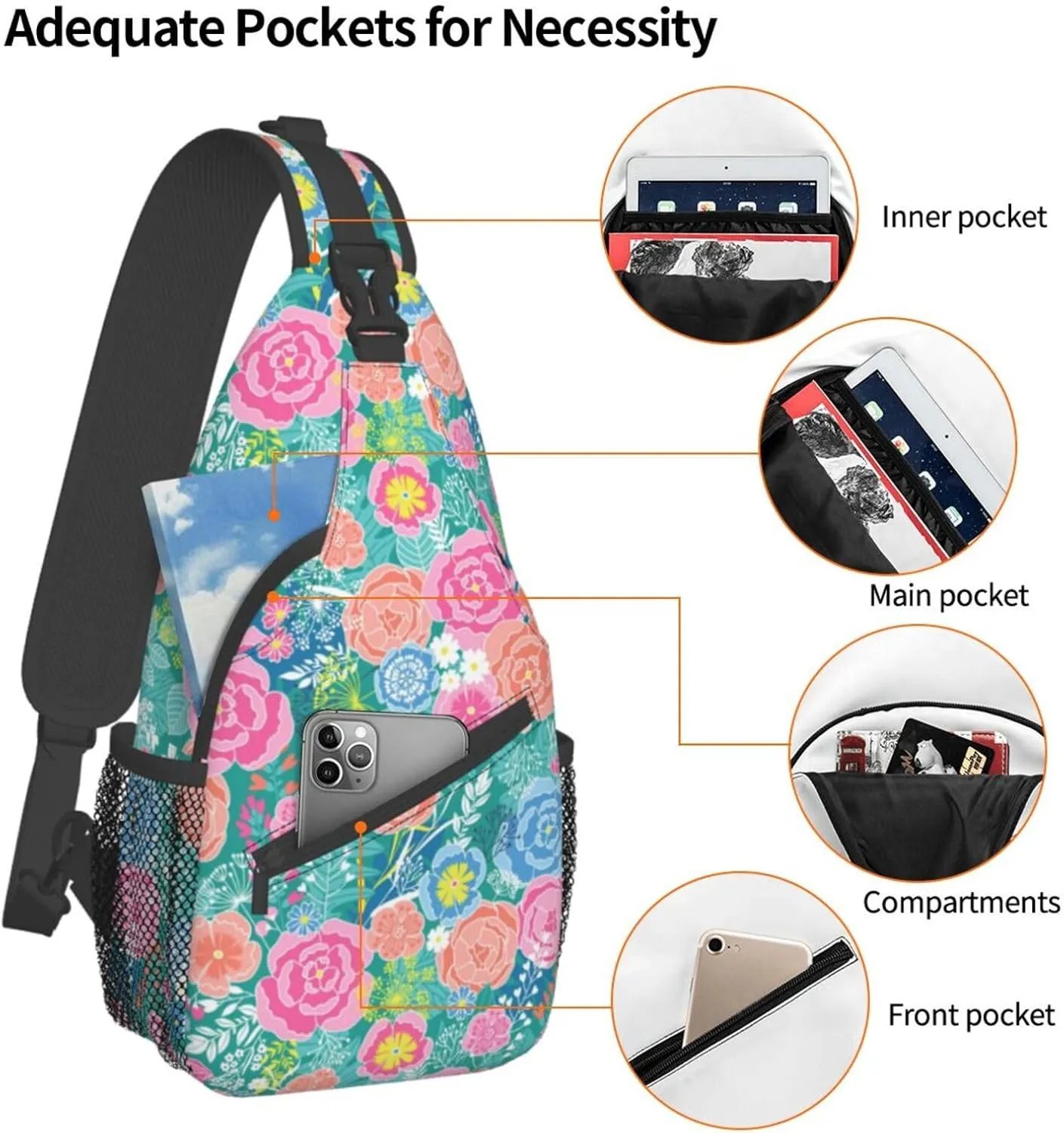 Spring Flower Blossom Vintage Floral Sling Bag for Women Men's Crossbody Backpack Travel Hiking Daypack Shoulder Chest Bag with Adjustable Strap