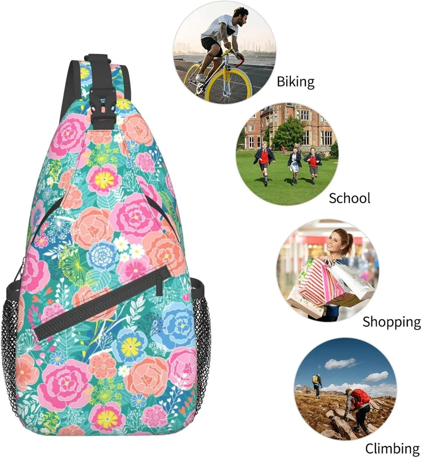 Spring Flower Blossom Vintage Floral Sling Bag for Women Men's Crossbody Backpack Travel Hiking Daypack Shoulder Chest Bag with Adjustable Strap