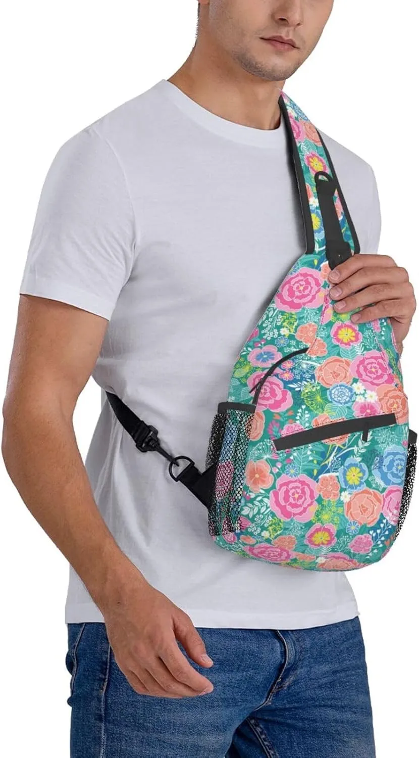 Spring Flower Blossom Vintage Floral Sling Bag for Women Men's Crossbody Backpack Travel Hiking Daypack Shoulder Chest Bag with Adjustable Strap