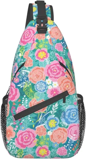 Spring Flower Blossom Vintage Floral Sling Bag for Women Men's Crossbody Backpack Travel Hiking Daypack Shoulder Chest Bag with Adjustable Strap
