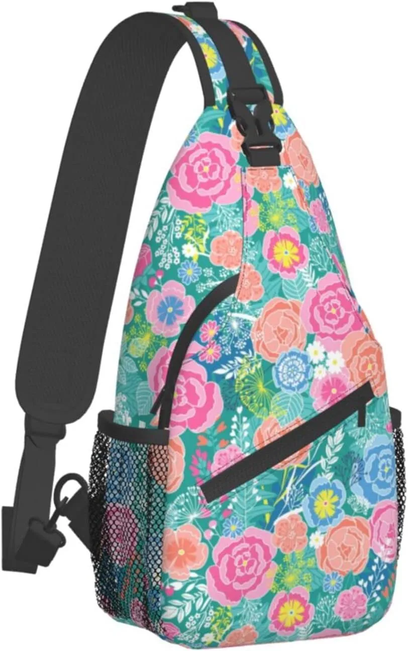 Spring Flower Blossom Vintage Floral Sling Bag for Women Men's Crossbody Backpack Travel Hiking Daypack Shoulder Chest Bag with Adjustable Strap