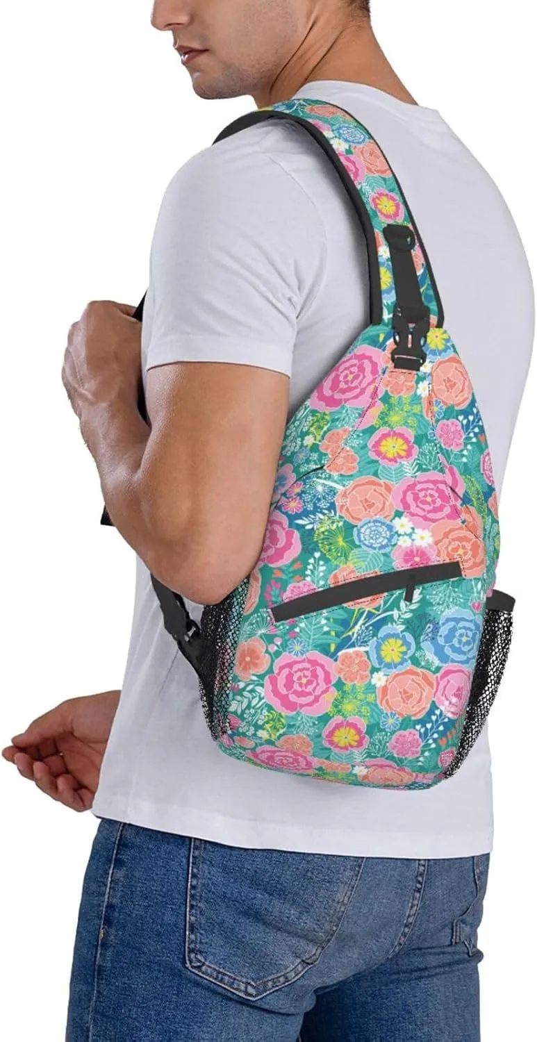 Spring Flower Blossom Vintage Floral Sling Bag for Women Men's Crossbody Backpack Travel Hiking Daypack Shoulder Chest Bag with Adjustable Strap