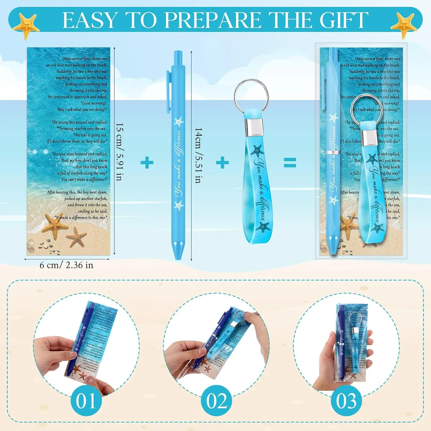 Starfish Story Appreciation Gifts Bulk Make a Difference Ballpoint Pens Starfish Silicon Keychains Motivational Cards Thank You Gift for Coworker Employee Teacher Volunteers