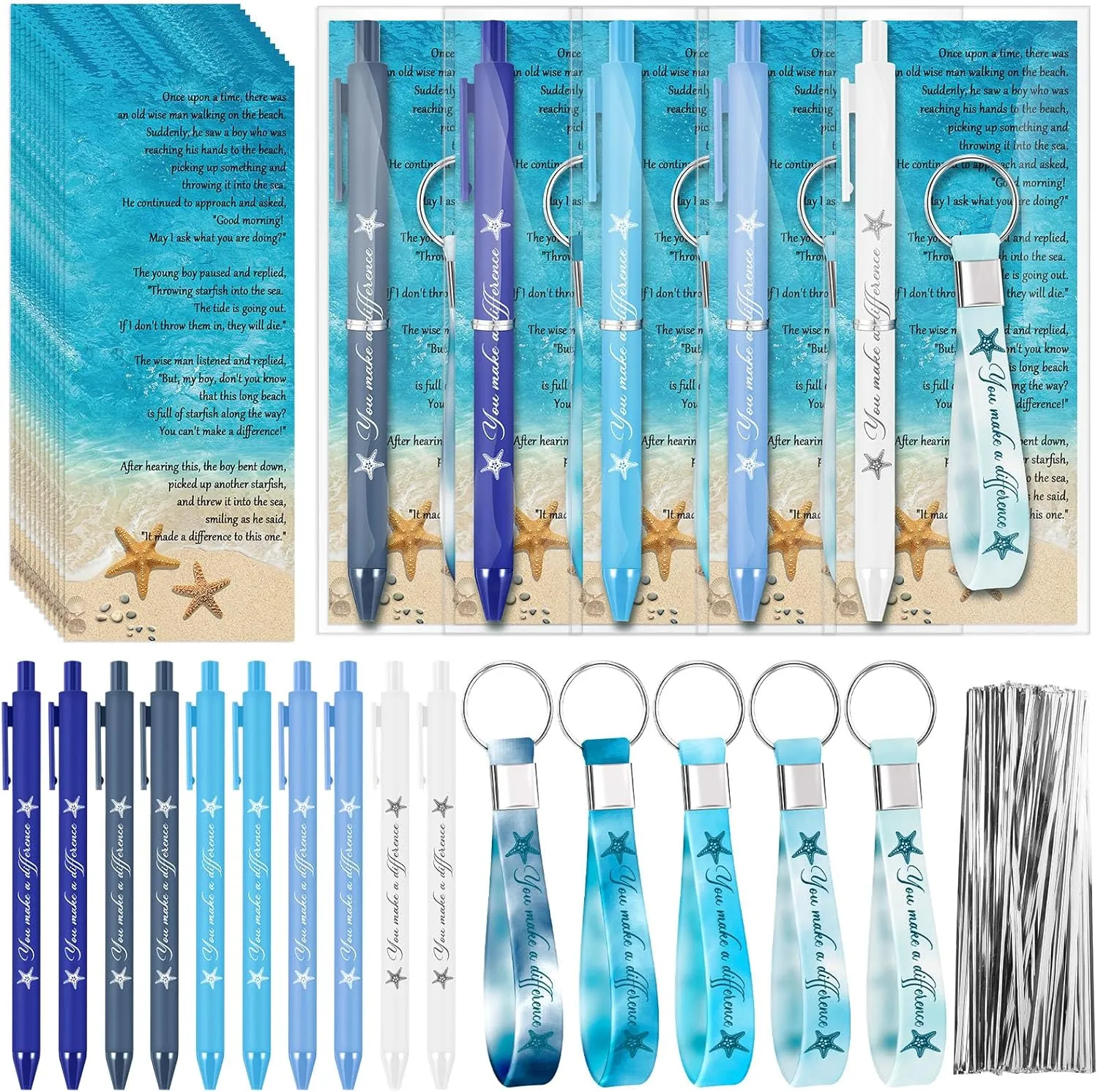 Starfish Story Appreciation Gifts Bulk Make a Difference Ballpoint Pens Starfish Silicon Keychains Motivational Cards Thank You Gift for Coworker Employee Teacher Volunteers