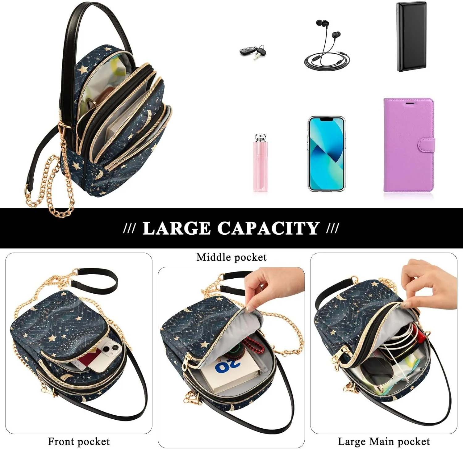 Stars and Moon Small Crossbody Bags for Women Detachable Strap Purses Travel Handbags 20850782