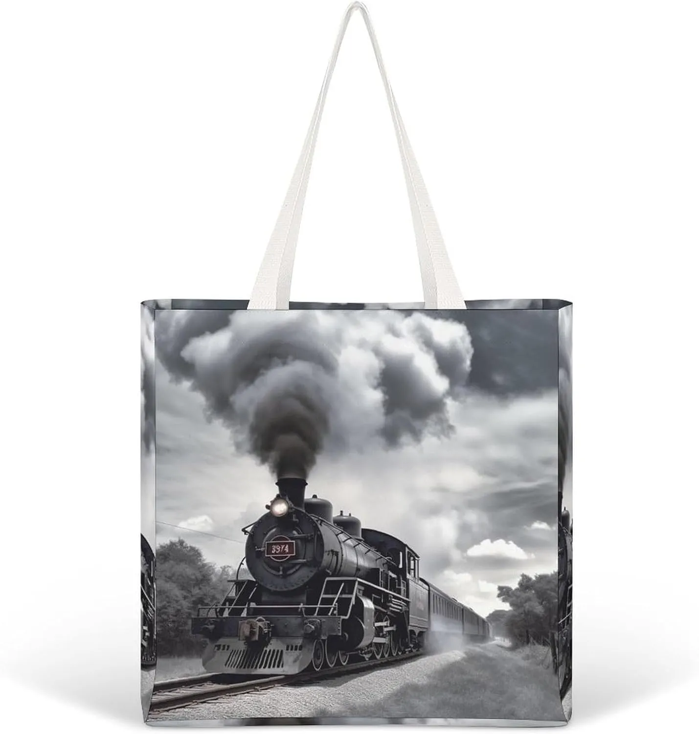 Steam Train Clouds Canvas Tote Bag Aesthetic Cute Cotton Tote Bag Fashion Tote Shoulder Bag Casual Grocery Shopping Bag for Vacation Work Travel Daily Use Gift