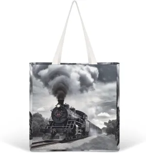 Steam Train Clouds Canvas Tote Bag Aesthetic Cute Cotton Tote Bag Fashion Tote Shoulder Bag Casual Grocery Shopping Bag for Vacation Work Travel Daily Use Gift