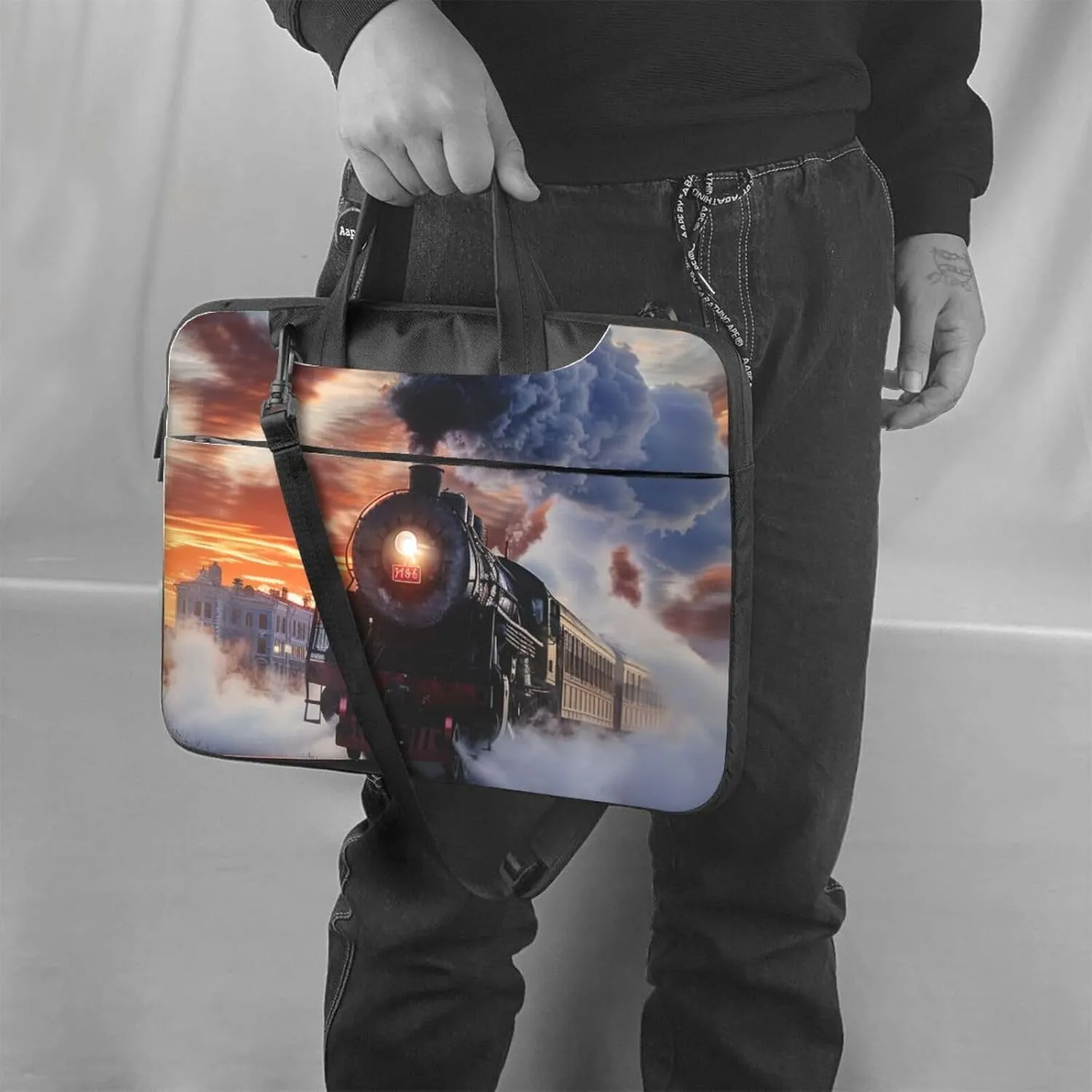 Steam Train Descent Sunset Printed Laptop Tote Bag Travel Bag Business Computer Bag Work Bag for Men Women
