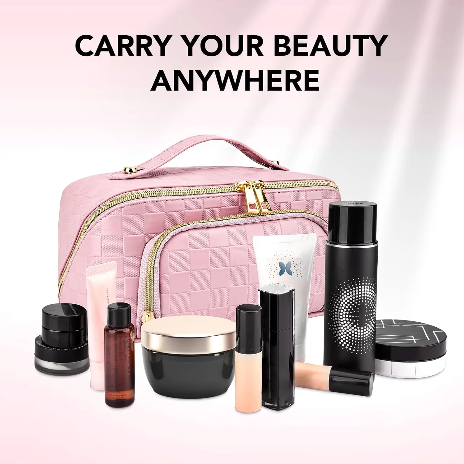 stona Travel Makeup Bag for Women, Large Capacity PU Leather Waterproof Checkered Cosmetic Bags, Portable Pouch Open Flat Toiletry Bag, Make up Organizer with Divider and Handle, Pink