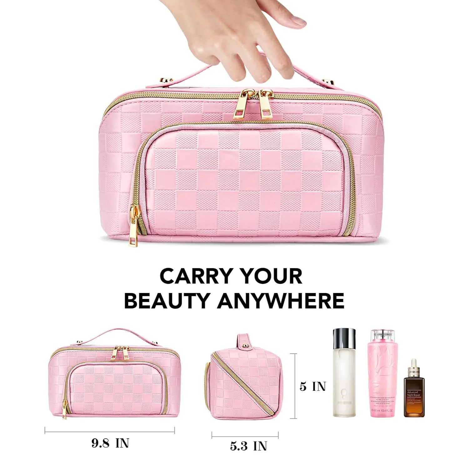 stona Travel Makeup Bag for Women, Large Capacity PU Leather Waterproof Checkered Cosmetic Bags, Portable Pouch Open Flat Toiletry Bag, Make up Organizer with Divider and Handle, Pink