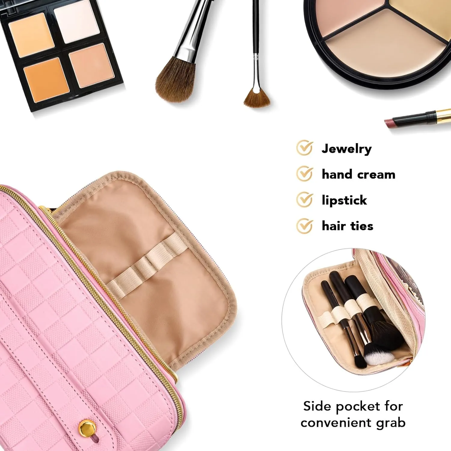 stona Travel Makeup Bag for Women, Large Capacity PU Leather Waterproof Checkered Cosmetic Bags, Portable Pouch Open Flat Toiletry Bag, Make up Organizer with Divider and Handle, Pink
