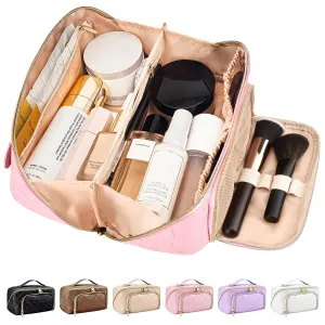 stona Travel Makeup Bag for Women, Large Capacity PU Leather Waterproof Checkered Cosmetic Bags, Portable Pouch Open Flat Toiletry Bag, Make up Organizer with Divider and Handle, Pink