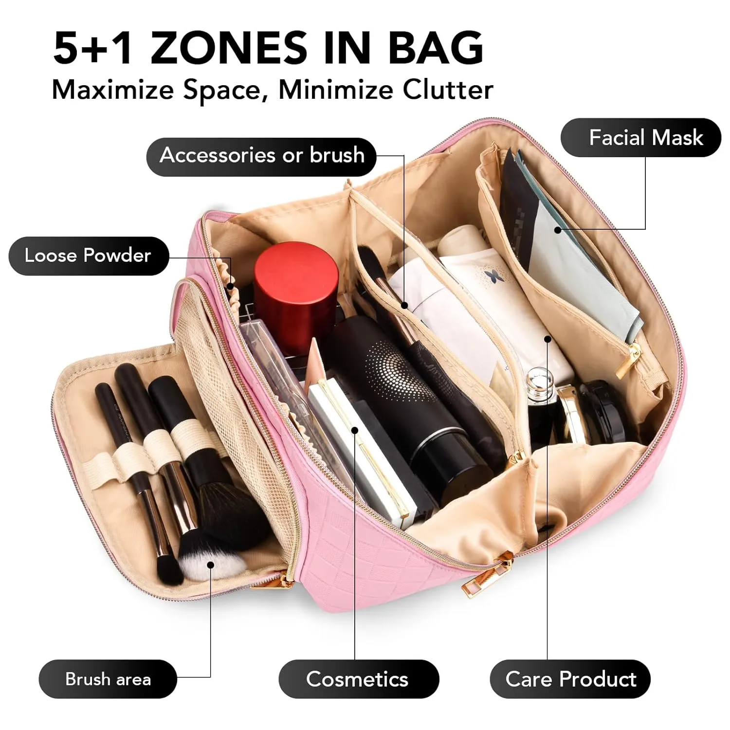 stona Travel Makeup Bag for Women, Large Capacity PU Leather Waterproof Checkered Cosmetic Bags, Portable Pouch Open Flat Toiletry Bag, Make up Organizer with Divider and Handle, Pink