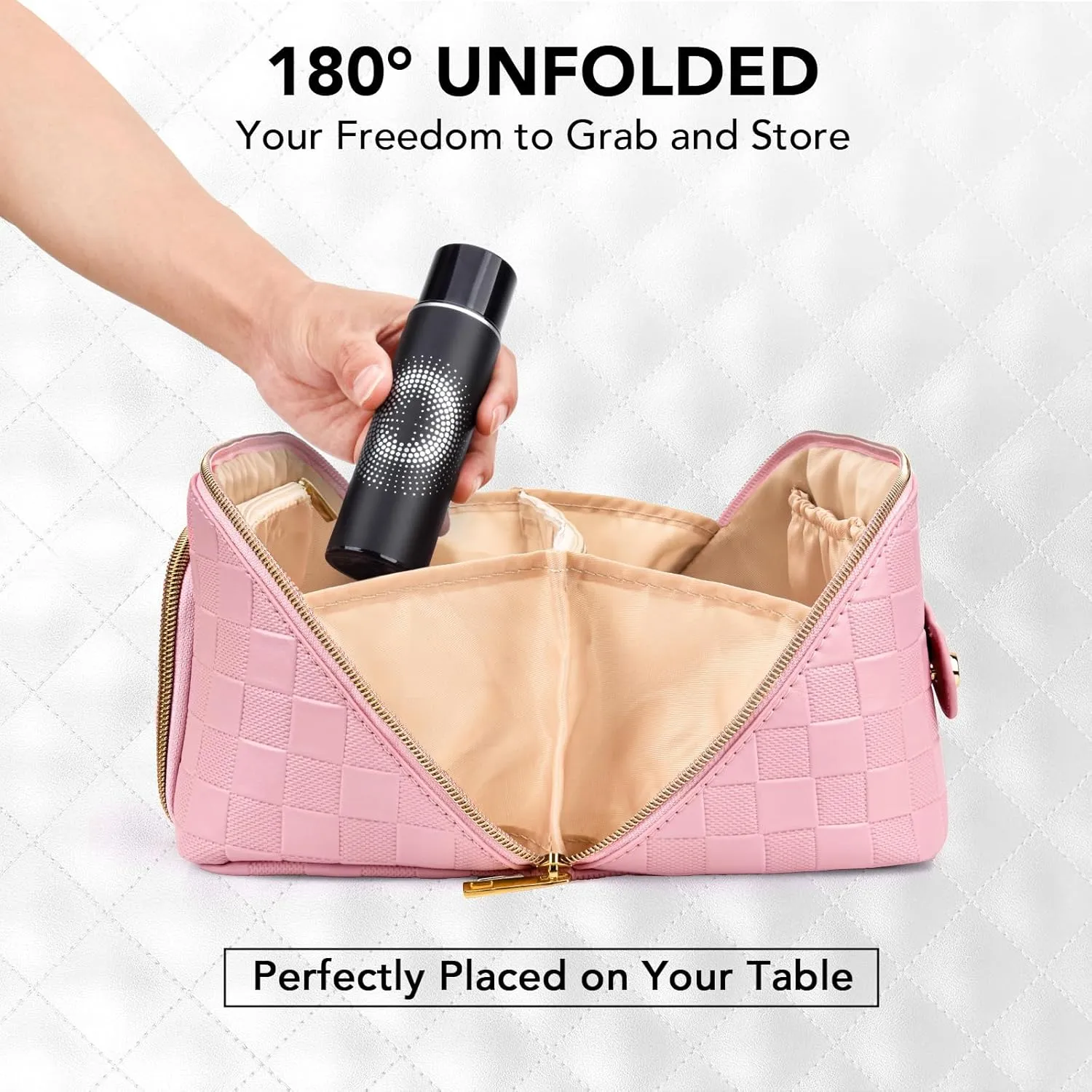 stona Travel Makeup Bag for Women, Large Capacity PU Leather Waterproof Checkered Cosmetic Bags, Portable Pouch Open Flat Toiletry Bag, Make up Organizer with Divider and Handle, Pink