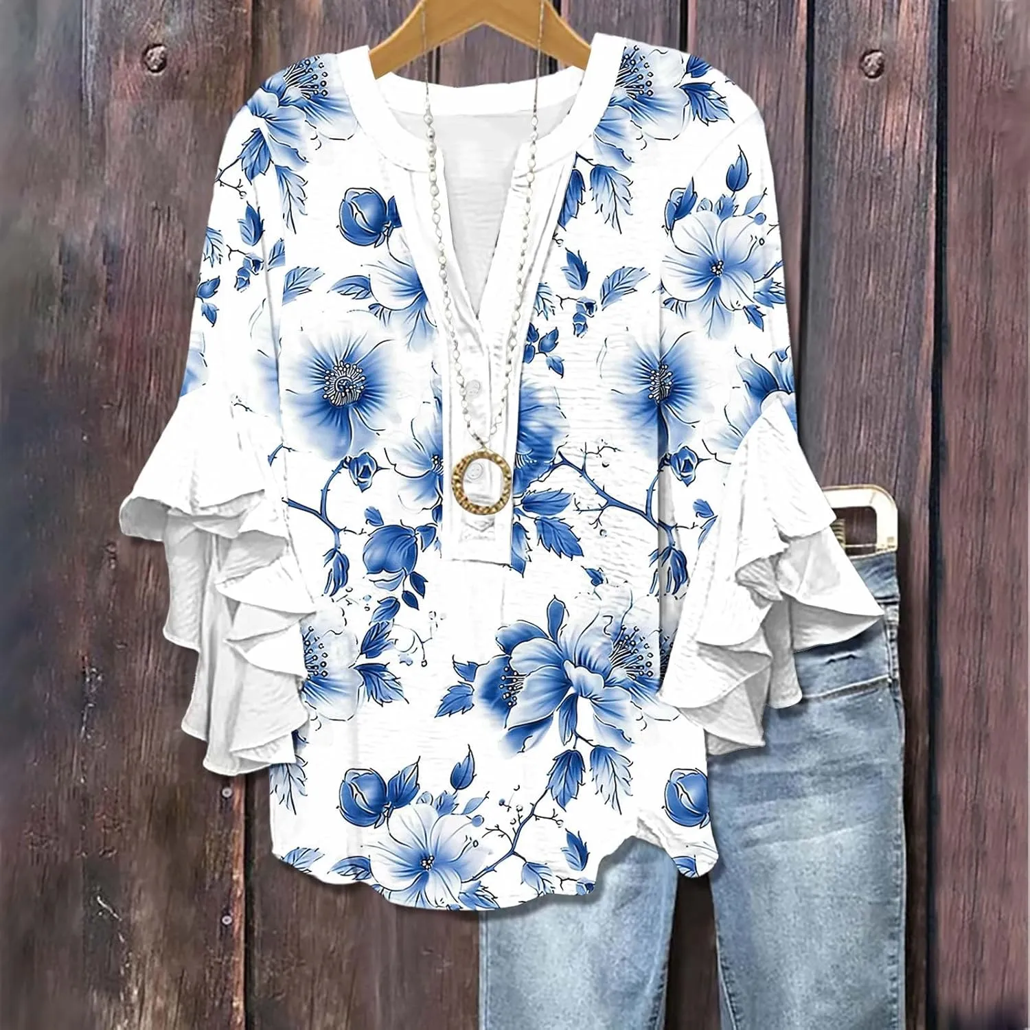 Summer Tops for Women 2025 Floral Print Flowy 3/4 Length Sleeve Womens Tops Ruffle Sleeve Half Button Down V Neck Shirt