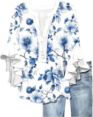 Summer Tops for Women 2025 Floral Print Flowy 3/4 Length Sleeve Womens Tops Ruffle Sleeve Half Button Down V Neck Shirt