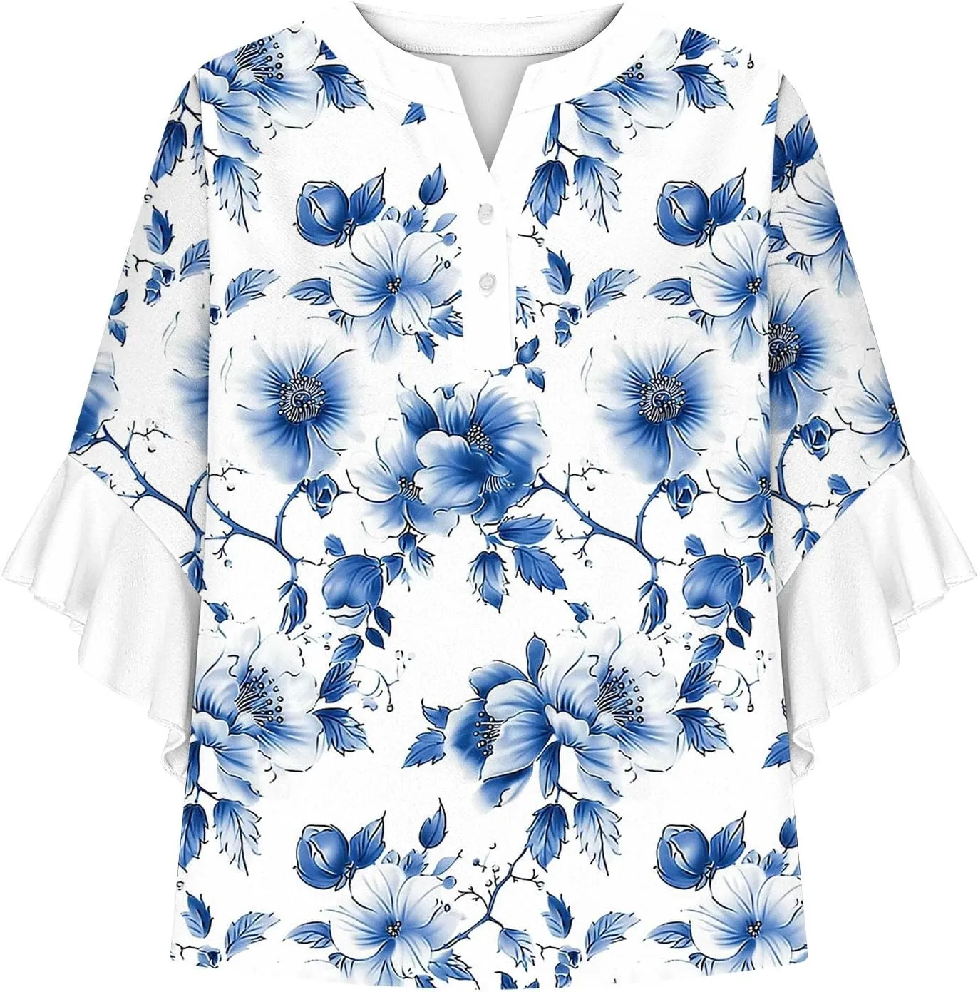 Summer Tops for Women 2025 Floral Print Flowy 3/4 Length Sleeve Womens Tops Ruffle Sleeve Half Button Down V Neck Shirt