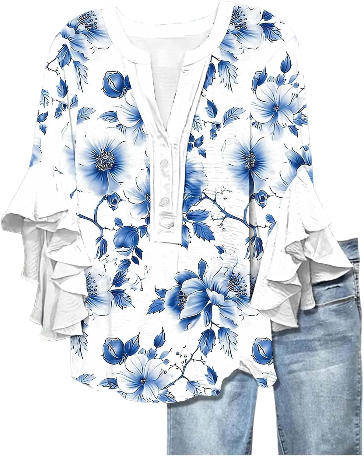 Summer Tops for Women 2025 Floral Print Flowy 3/4 Length Sleeve Womens Tops Ruffle Sleeve Half Button Down V Neck Shirt