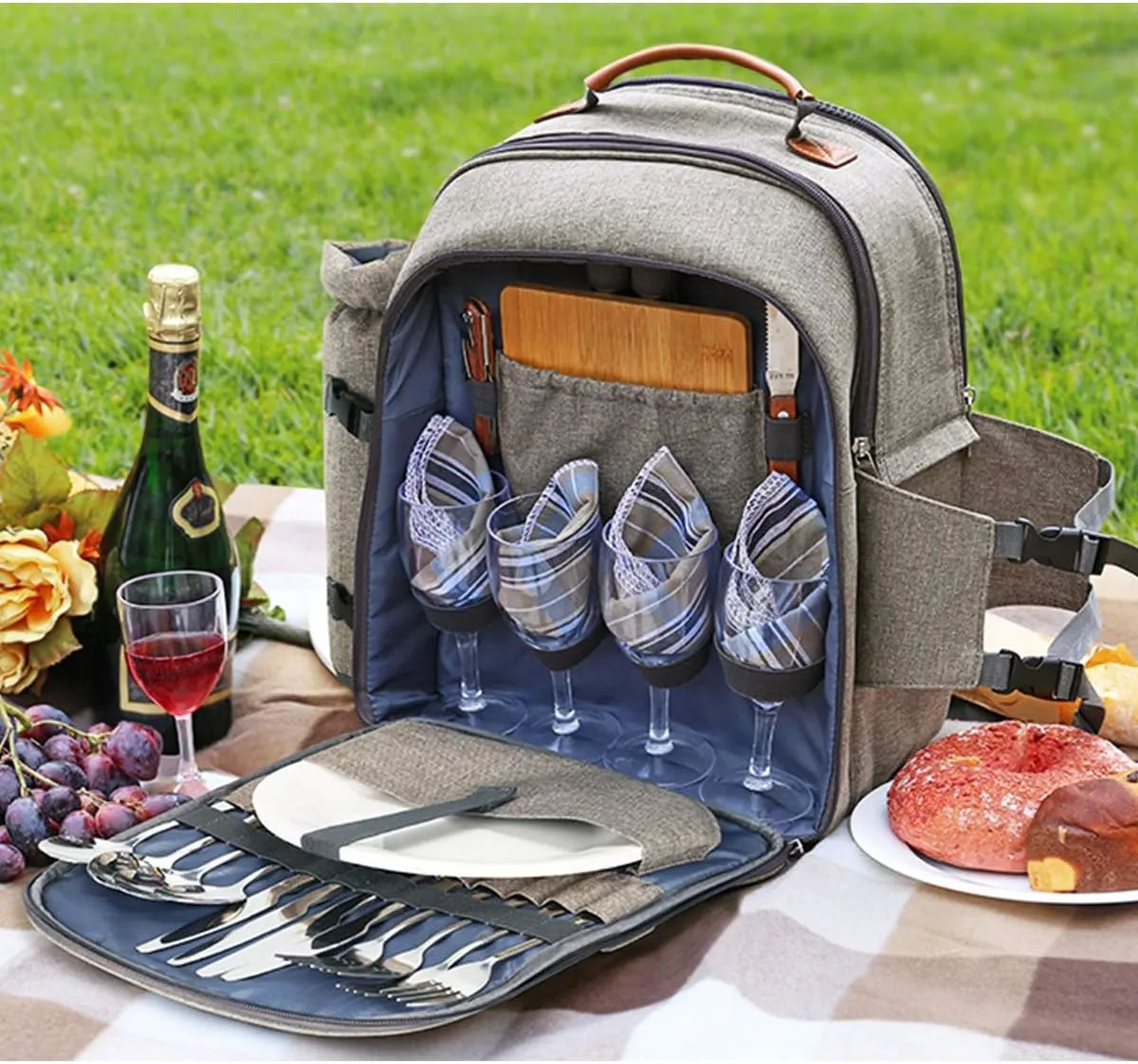 Sunflora Picnic Backpack for 4 Person with Blanket Picnic Basket Set for 2 with Insulated Cooler Wine Pouch for Family Couples (Brush Beige)