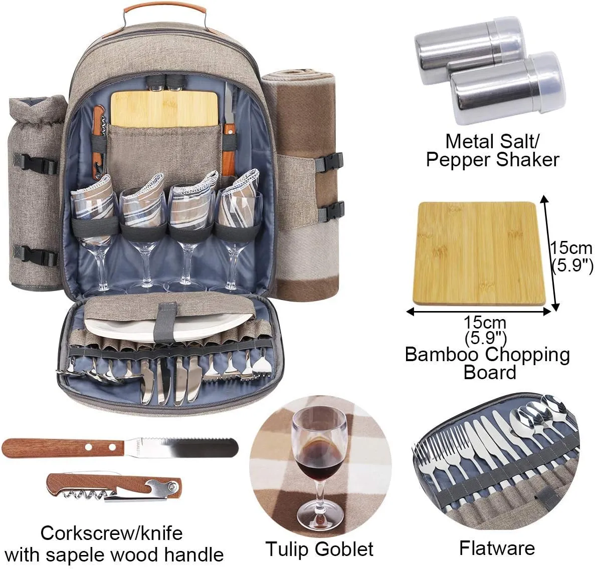 Sunflora Picnic Backpack for 4 Person with Blanket Picnic Basket Set for 2 with Insulated Cooler Wine Pouch for Family Couples (Brush Beige)