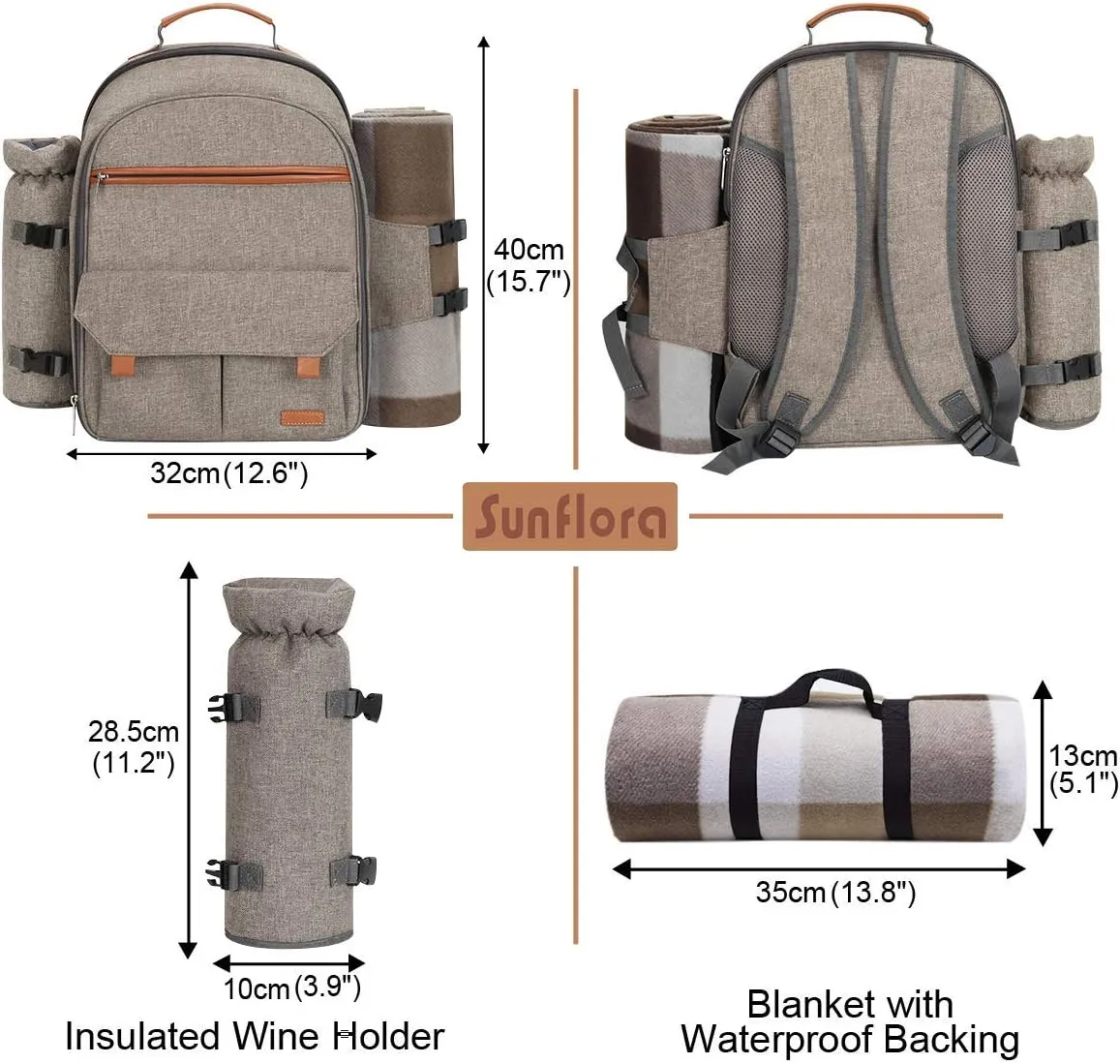 Sunflora Picnic Backpack for 4 Person with Blanket Picnic Basket Set for 2 with Insulated Cooler Wine Pouch for Family Couples (Brush Beige)