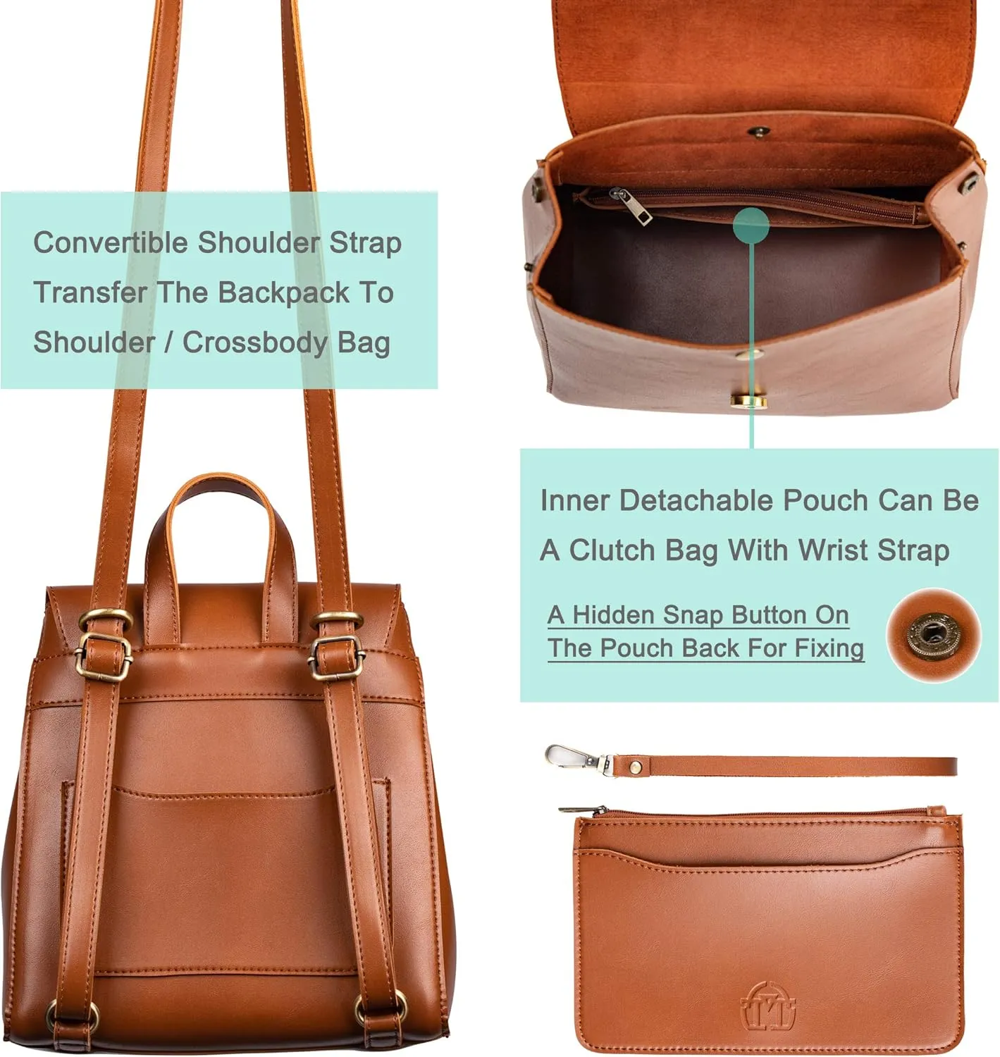 SUNLIGHT LEAVES Simple Vegan Leather Flap 3 Way Convertible Backpack For Women Classic Vintage Faux Leather Fashion Daypack (Light Brown)