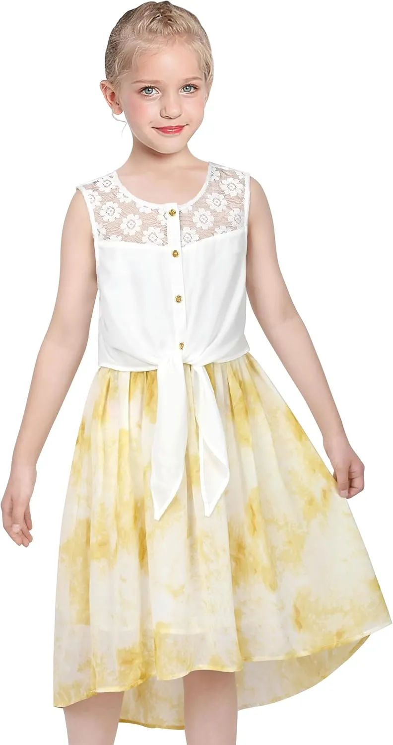 Sunny Fashion Girls Dress Chiffon Floral High-Low Tie Waist Party Princess