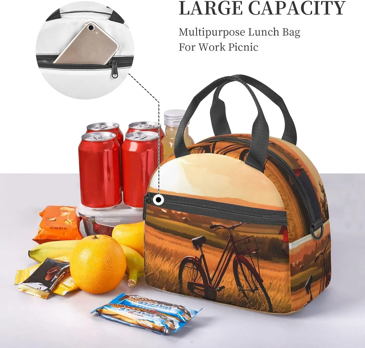 Sunset Rural View Lunch Bag Insulated Lunch Box for Women Men Reusable Lunch Tote Cooler Bag for Office Work