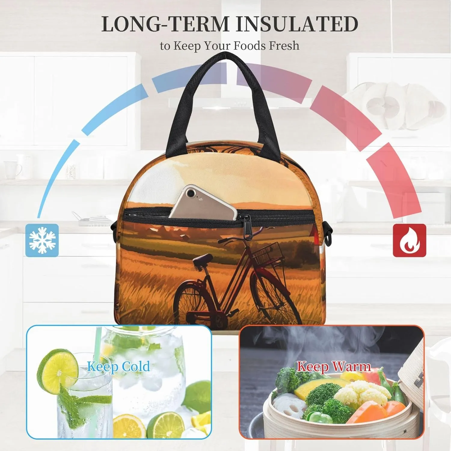 Sunset Rural View Lunch Bag Insulated Lunch Box for Women Men Reusable Lunch Tote Cooler Bag for Office Work