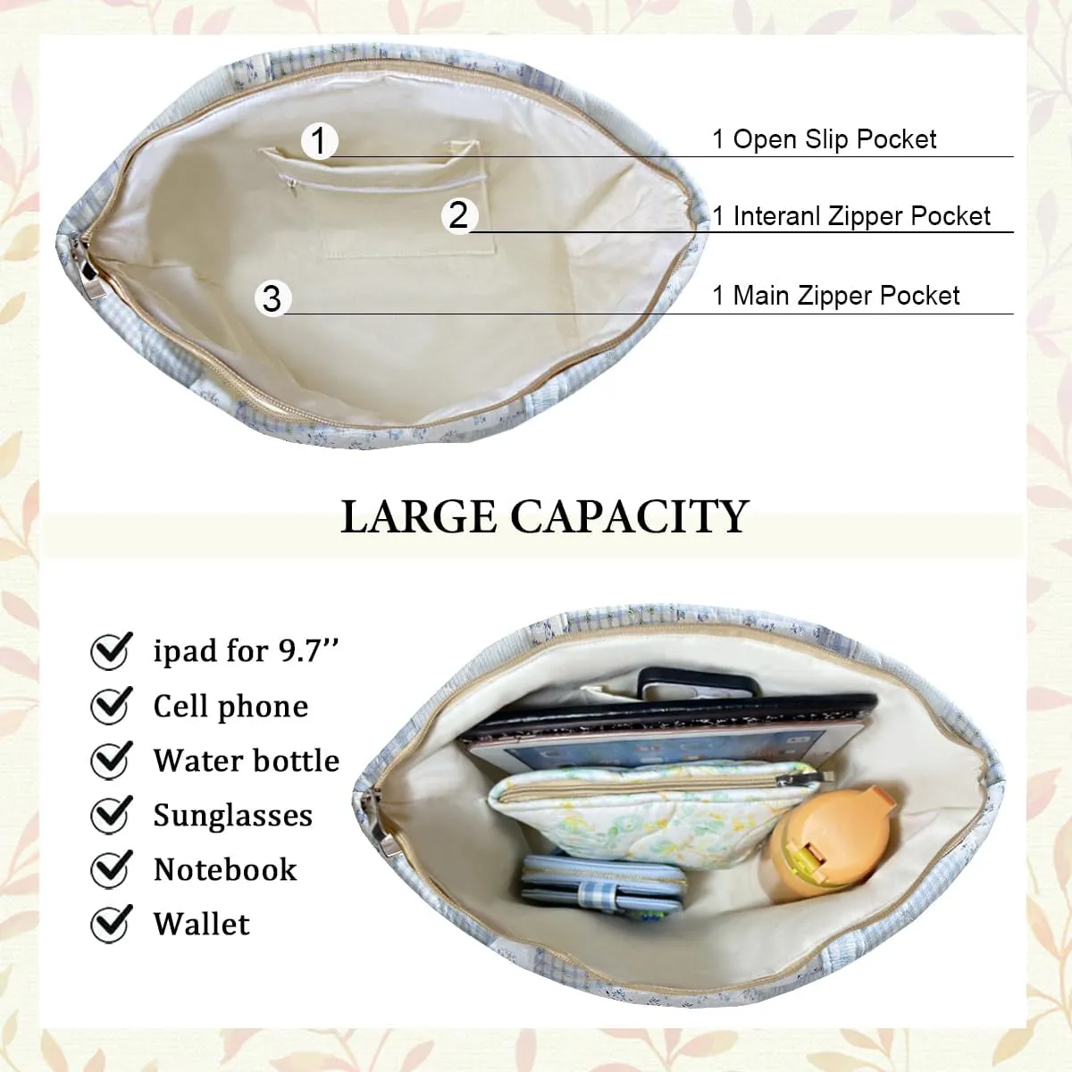 Sunwel Fashion Top Zipper Women Floral Quilted Tote Bag for Work Travel Gym Shopping Beach