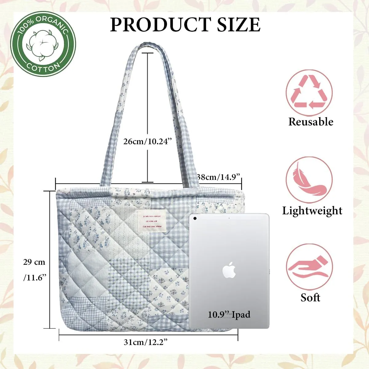 Sunwel Fashion Top Zipper Women Floral Quilted Tote Bag for Work Travel Gym Shopping Beach