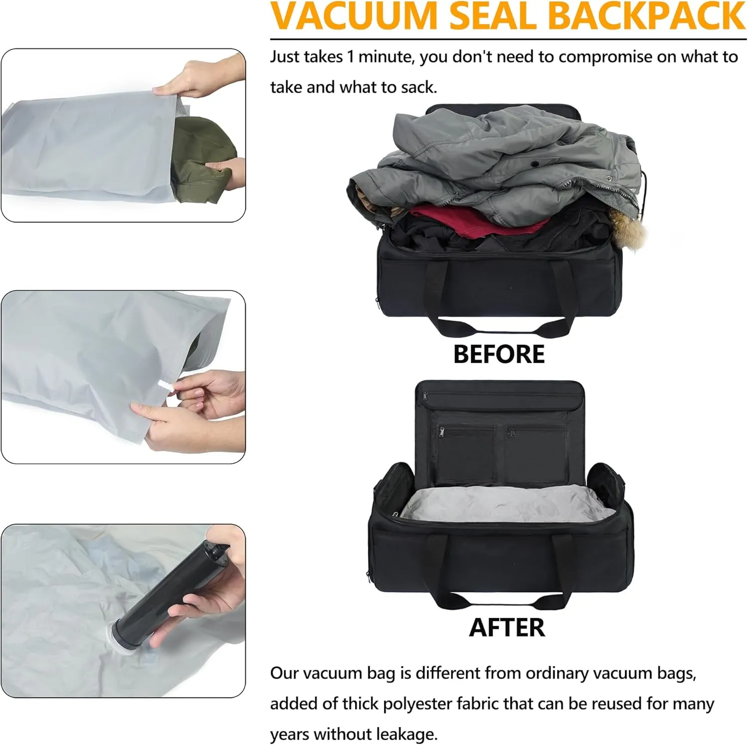 SUOCO Convertible Garment Duffle Bag for Travel, Suit Bags with Vacuum Compression Bag, 2 in 1 Hanging Duffel Dress Carry On Suitcase for Men Women, Black