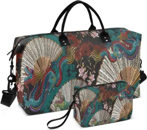 susiyo Asian Dragons Funs Expandable Travel Duffle Bag, Large Weekender Overnight Bags and Adjustable Strap, Carry On Shoulder Tote Bag, Gym Duffel Bag with Toiletry Bags for Hospital