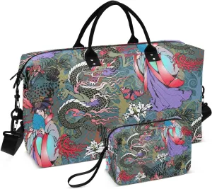 susiyo Asian Motifs Dragons Expandable Travel Duffle Bag, Large Weekender Overnight Bags and Adjustable Strap, Carry On Shoulder Tote Bag, Gym Duffel Bag with Toiletry Bags for Hospital