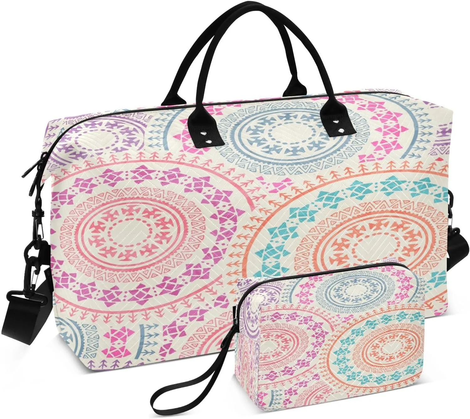 susiyo Colorful Archaic Geometric Expandable Travel Duffle Bag, Large Weekender Overnight Bags and Adjustable Strap, Carry On Shoulder Tote Bag, Gym Duffel Bag with Toiletry Bags for Hospital