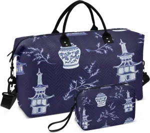 susiyo Dark Chinoiserie Wallpaper Expandable Travel Duffle Bag, Large Weekender Overnight Bags and Adjustable Strap, Carry On Shoulder Tote Bag, Gym Duffel Bag with Toiletry Bags for Hospital