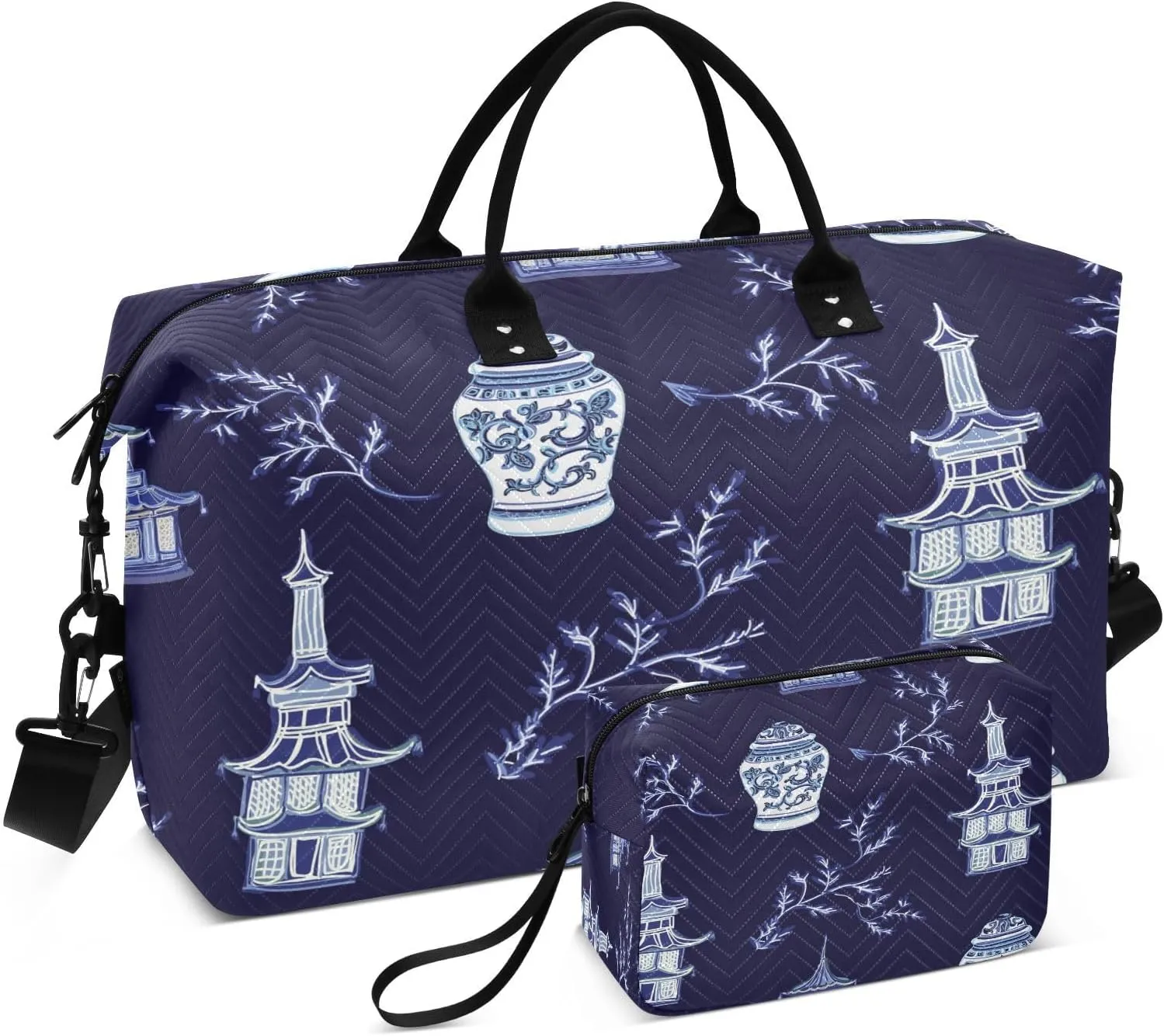 susiyo Dark Chinoiserie Wallpaper Expandable Travel Duffle Bag, Large Weekender Overnight Bags and Adjustable Strap, Carry On Shoulder Tote Bag, Gym Duffel Bag with Toiletry Bags for Hospital