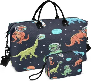 susiyo Dinosaur Carnival Expandable Travel Duffle Bag, Large Weekender Overnight Bags and Adjustable Strap, Carry On Shoulder Tote Bag, Gym Duffel Bag with Toiletry Bags for Hospital