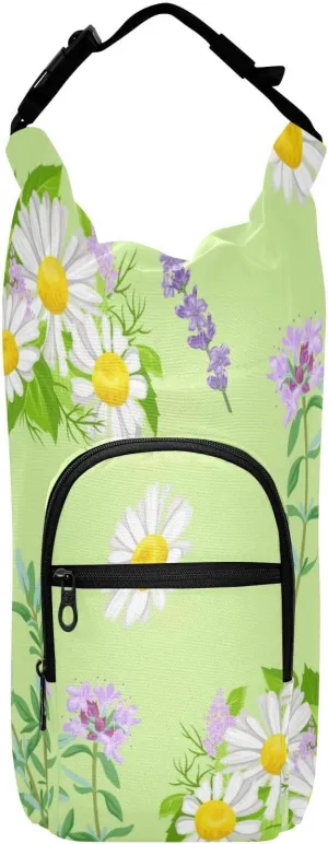 susiyo Field Medicinal Wild Flowers Water Bottle Carrier Bag with 3 Pocket, 40/32/24/20oz Insulated Water Bottle Sling Bag with Strap for Walking Hiking Camping Gym Travelling
