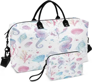 susiyo Jellyfish Sea-horse Expandable Travel Duffle Bag, Large Weekender Overnight Bags and Adjustable Strap, Carry On Shoulder Tote Bag, Gym Duffel Bag with Toiletry Bags for Hospital
