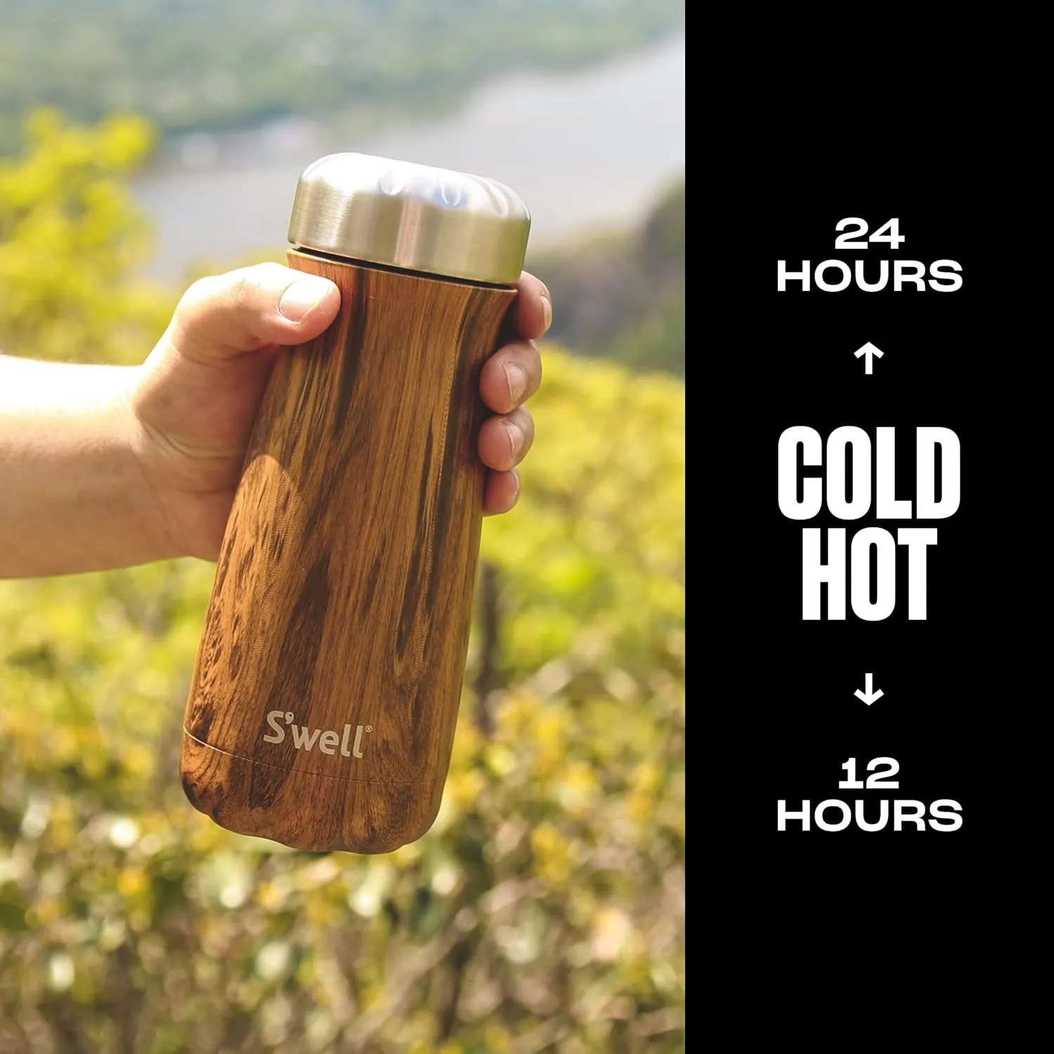S'well Stainless Steel Traveler, 16oz, Teakwood, Triple Layered Vacuum Insulated Containers Keeps Drinks Cold for 24 Hours and Hot for 12, BPA Free, Easy Carrying On the Go