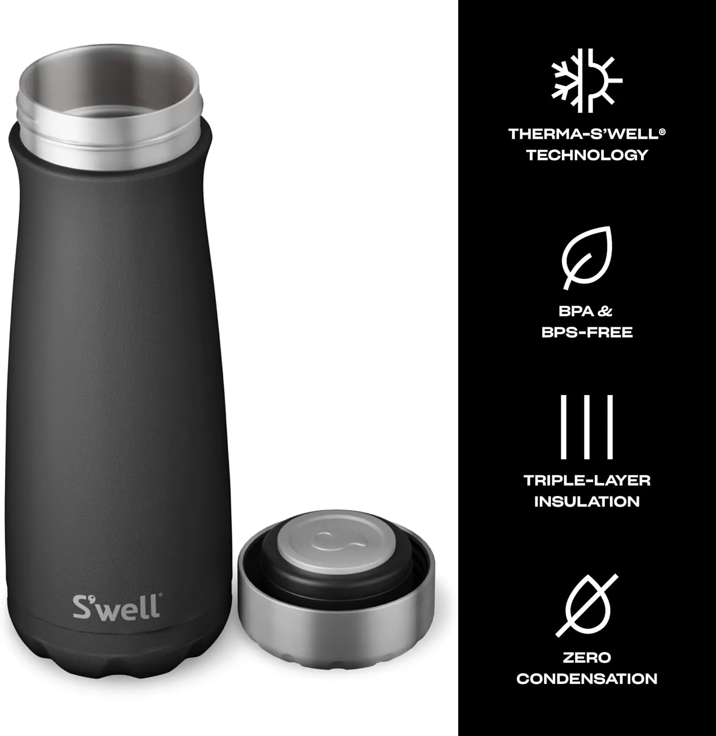 S'well Stainless Steel Traveler, 20oz, Onyx, Triple Layered Vacuum Insulated Containers Keeps Drinks Cold for 36 Hours and Hot for 15, BPA Free, Easy Carrying On the Go