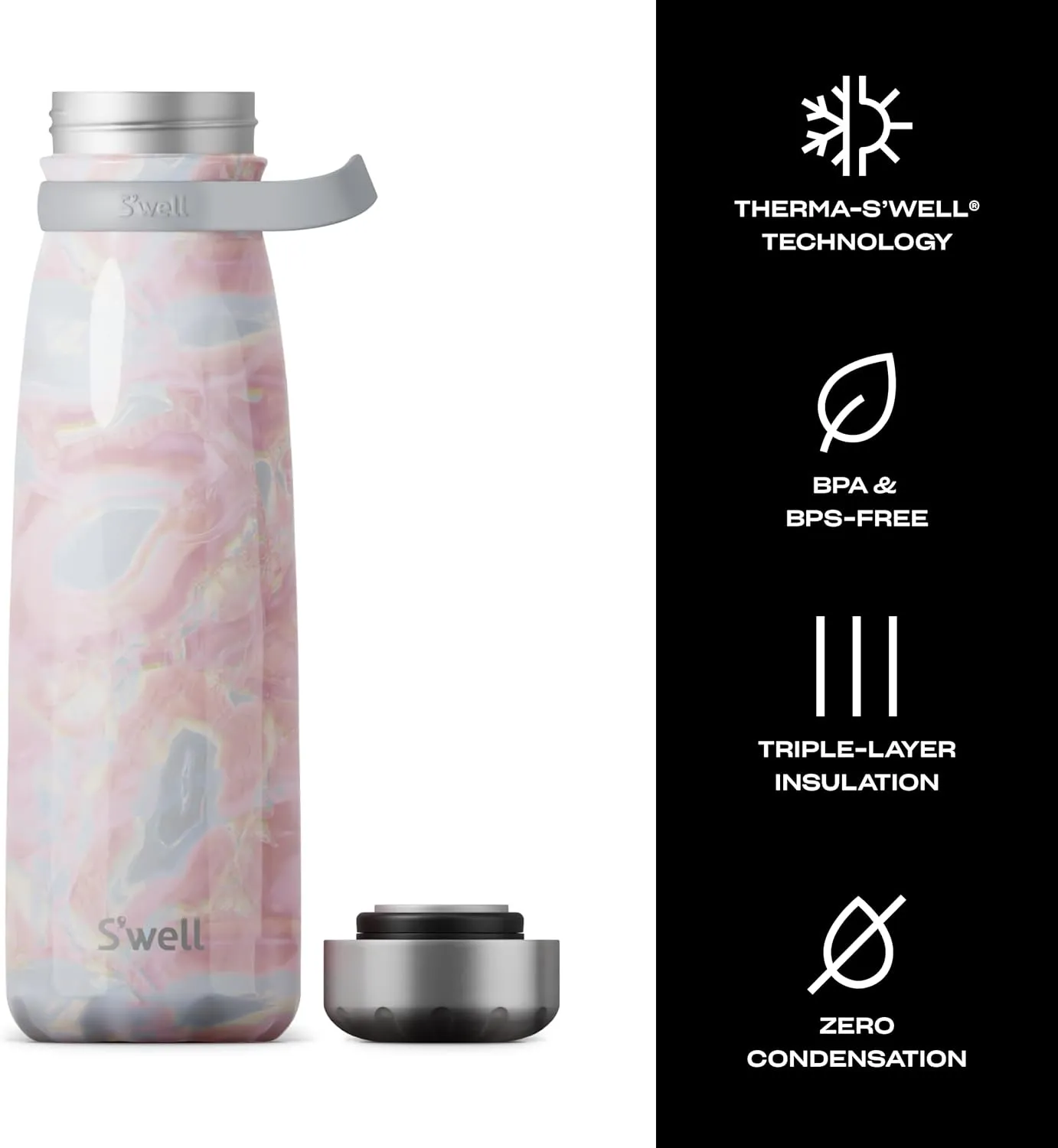 S'well Stainless Steel Traveler With Handle, 40oz, Geode Rose, Triple Layered Vacuum Insulated Containers Keeps Drinks Cold for 60 Hours and Hot for 20, BPA Free, Easy Carrying On the Go