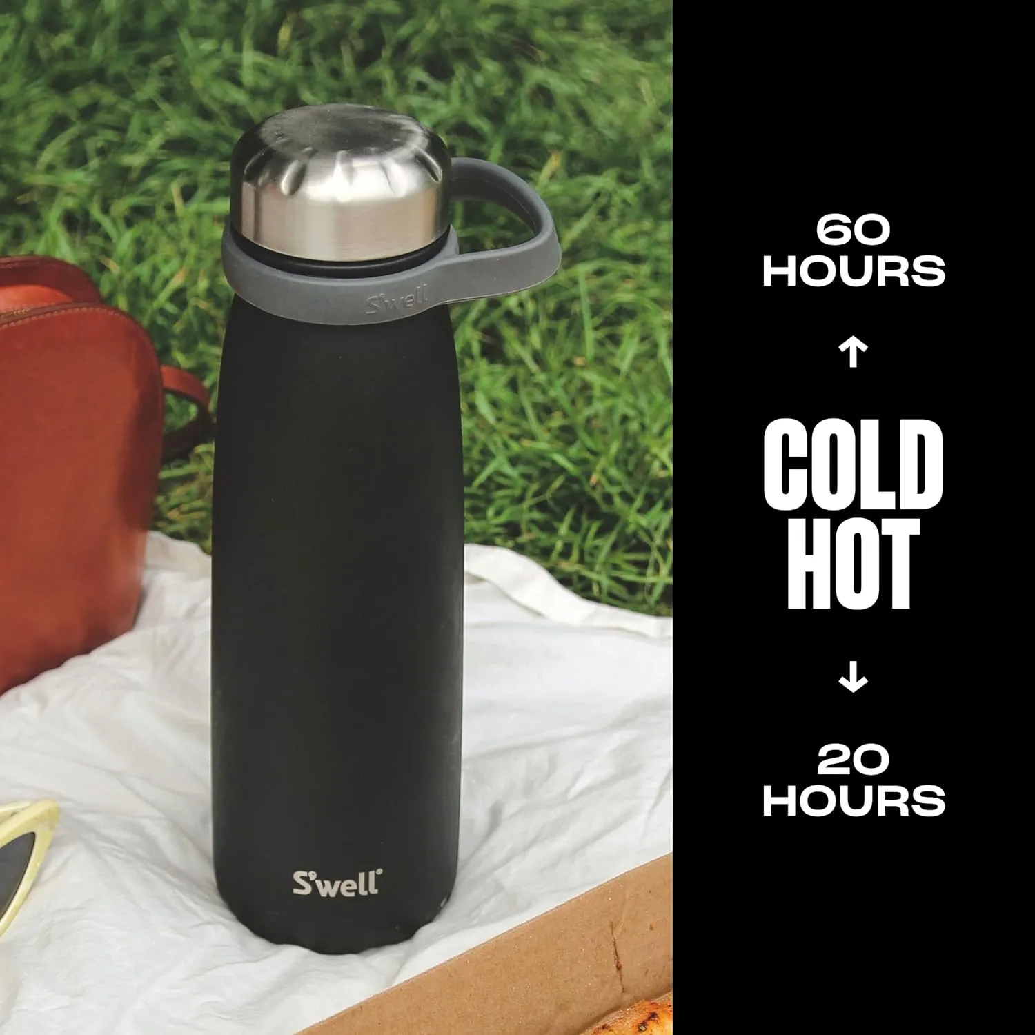S'well Stainless Steel Traveler With Handle, 40oz, Onyx, Triple Layered Vacuum Insulated Containers Keeps Drinks Cold for 60 Hours and Hot for 20, BPA Free, Easy Carrying On the Go