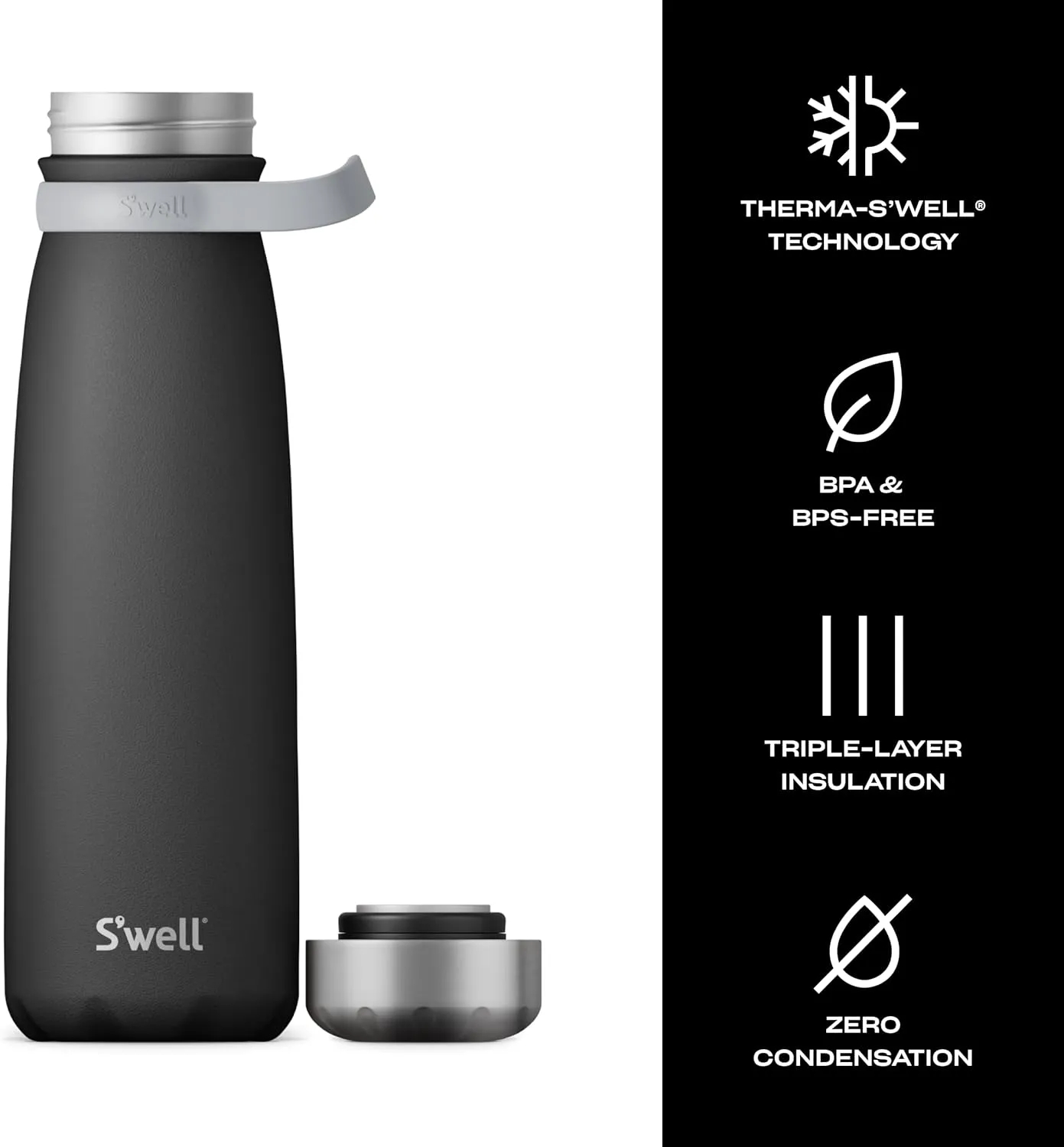 S'well Stainless Steel Traveler With Handle, 40oz, Onyx, Triple Layered Vacuum Insulated Containers Keeps Drinks Cold for 60 Hours and Hot for 20, BPA Free, Easy Carrying On the Go