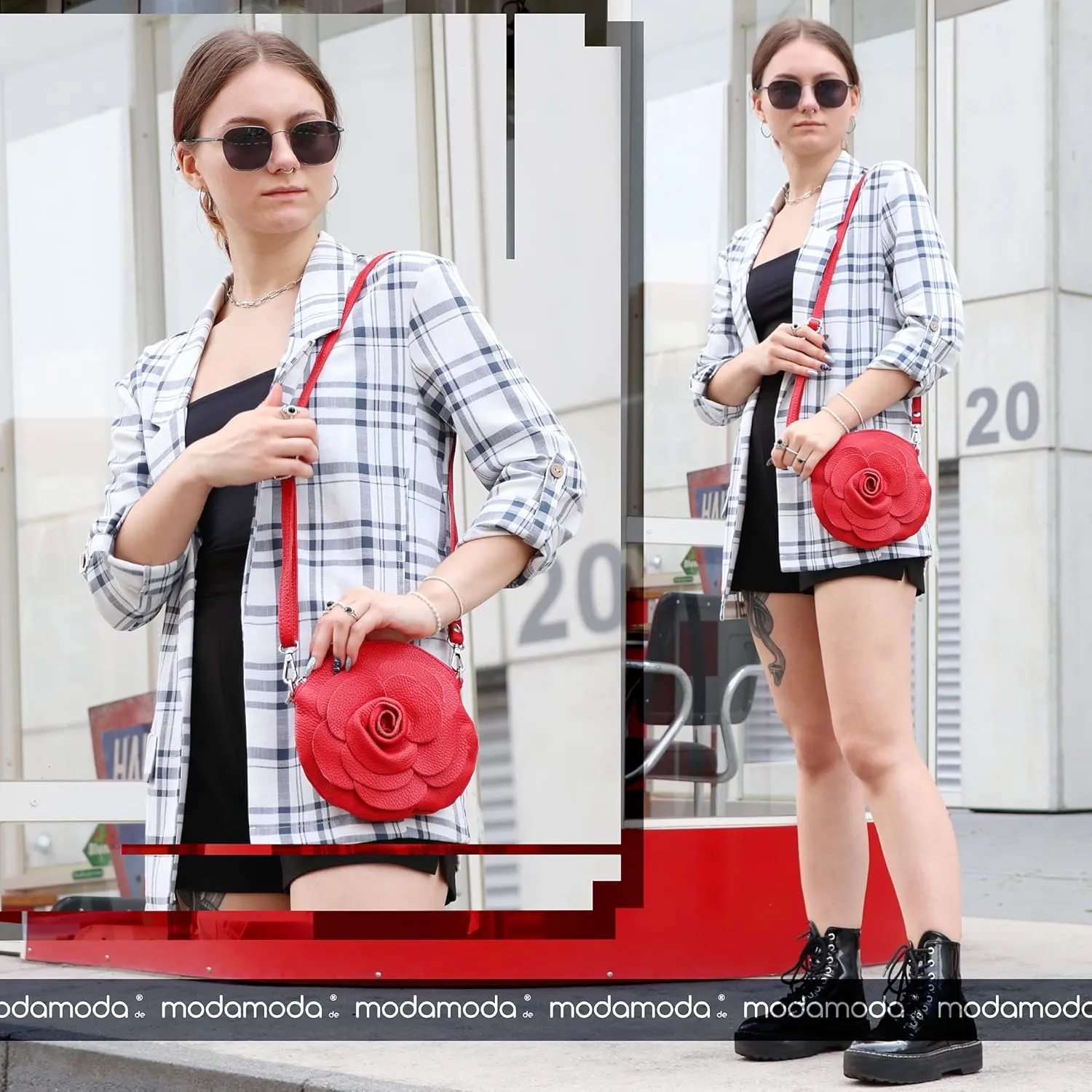 T225 - Leather Shoulder Bag, Floral Pattern, Small Size