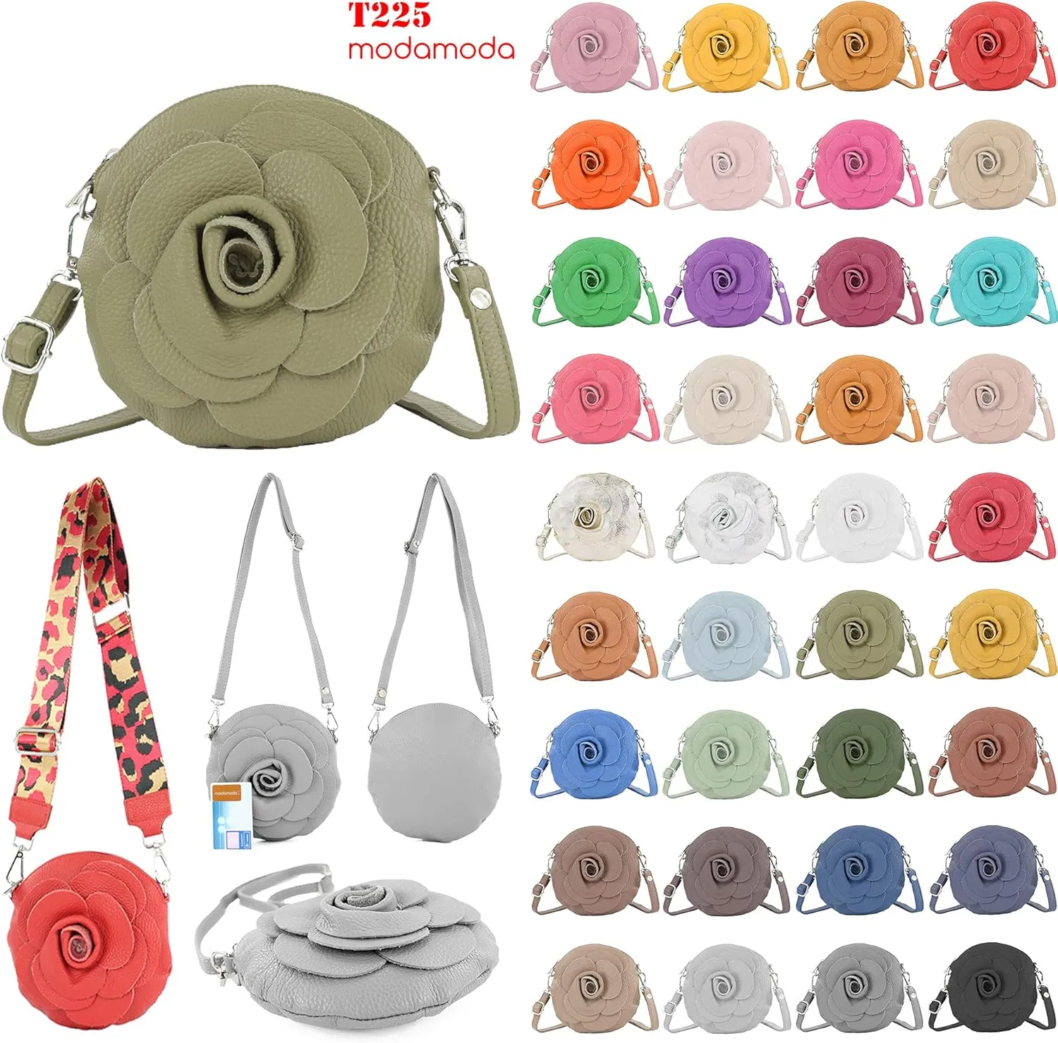 T225 - Leather Shoulder Bag, Floral Pattern, Small Size