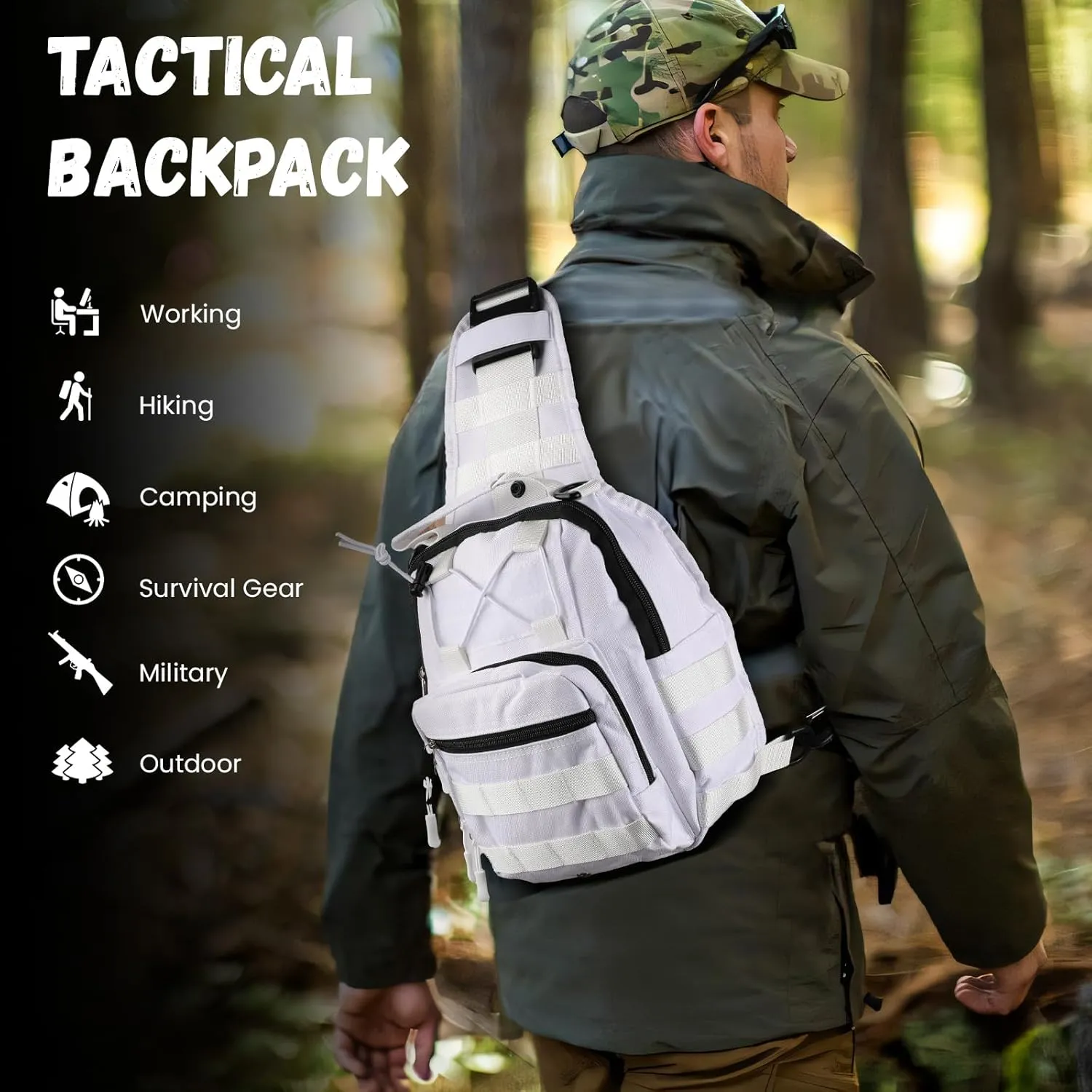 Tactical Shoulder Bag, Military Every Day Carry Sling Bag, Outdoor Portable Shoulder Pack For Men Women（White