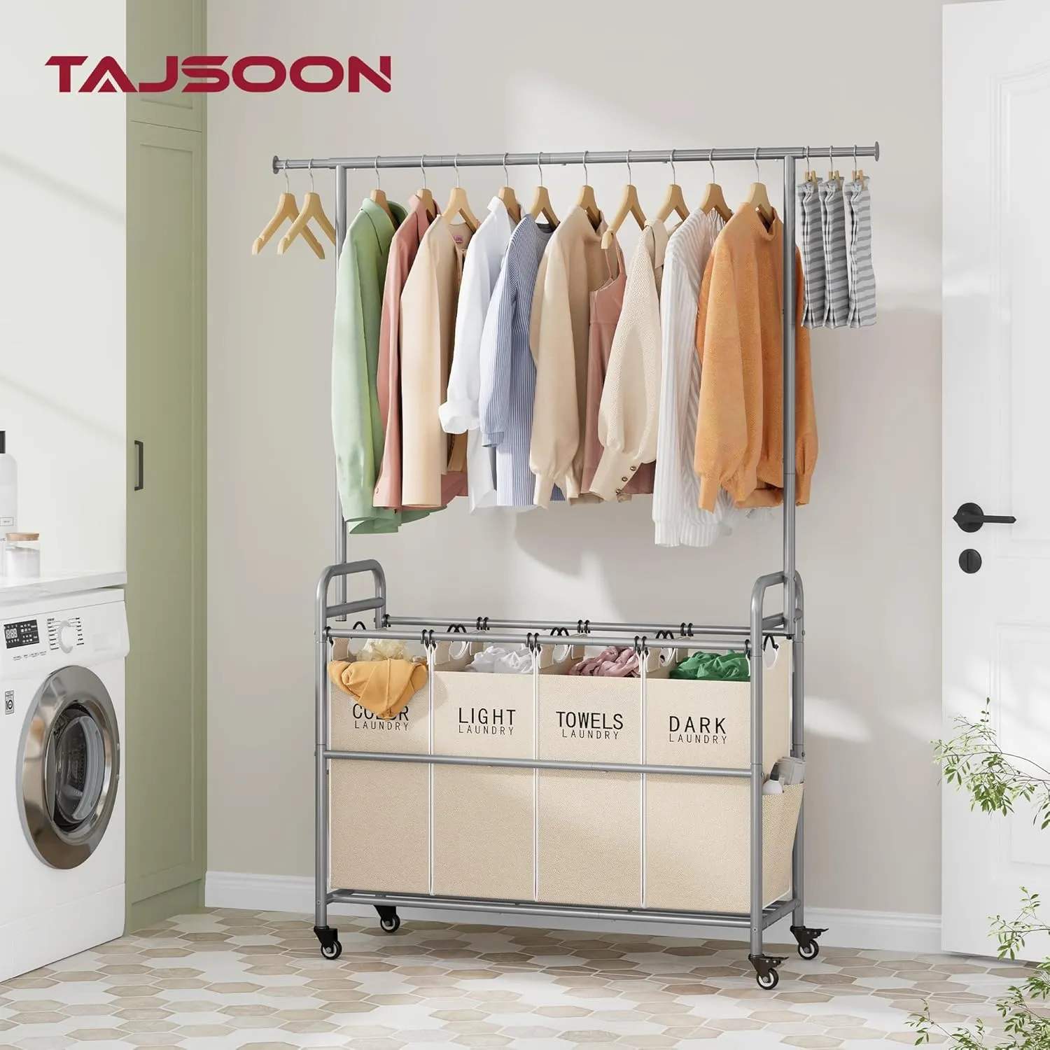 Tajsoon Laundry Hamper with Hanging Rack, Laundry Sorter 4 Sections, Laundry Basket Butler with Lockable Wheels and Removable Bag, Rolling Laundry Cart for Laundry & Bedroom, Beige
